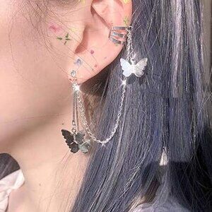 Butterfly Cuff Chain Earrings Silver Tassel Crawler Wrap Crystal Drop Dangle Set